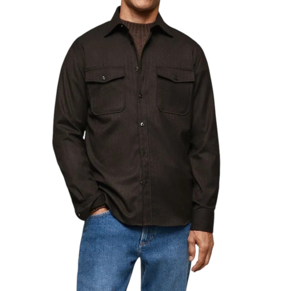 Mango MNG Shirt Mens L Dark Espresso Herringbone Slim Fit Smart Collection NEW